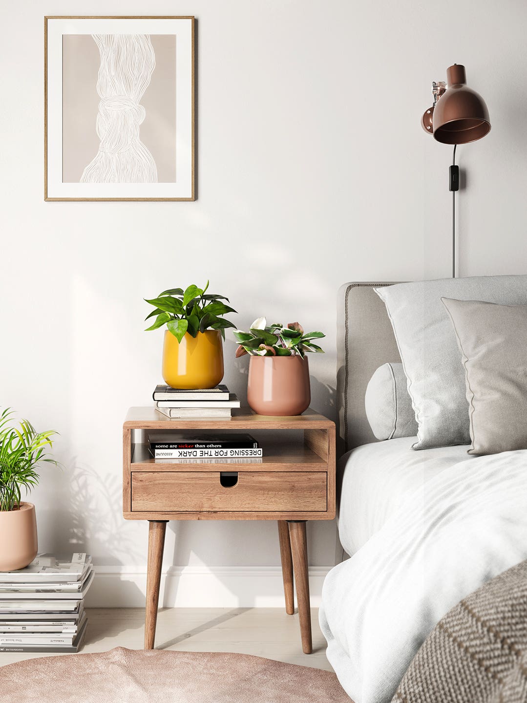 Bedroom with two houseplants on the nightstand