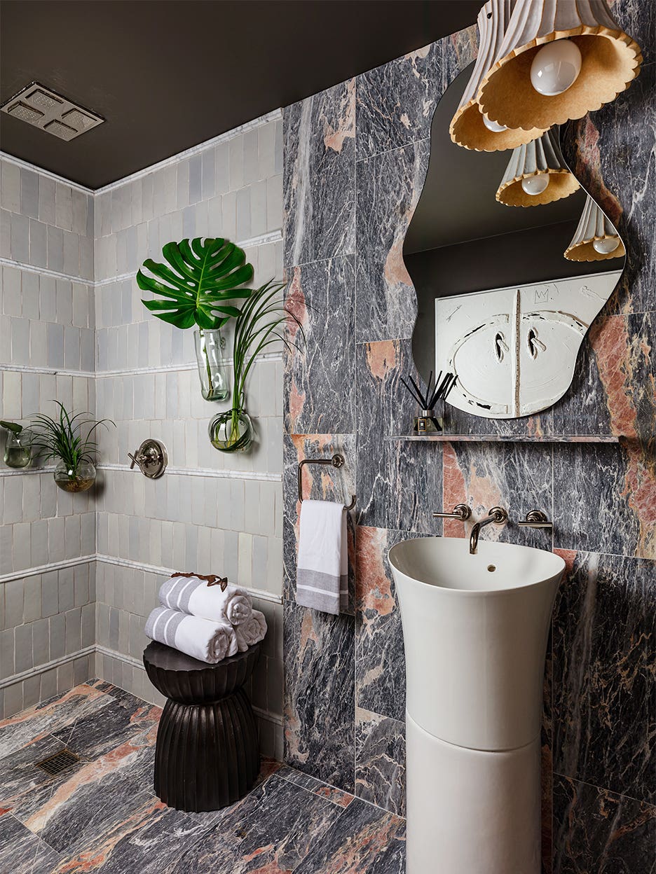 grey bathroom with white sink