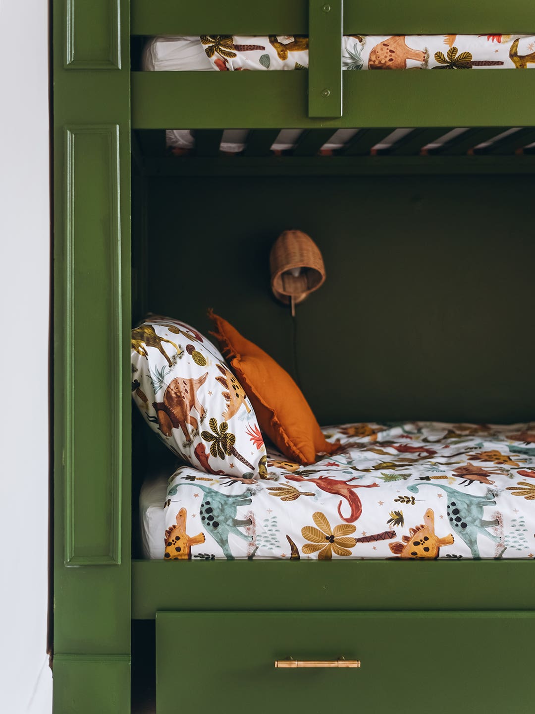 green built-in bunk beds with drawer