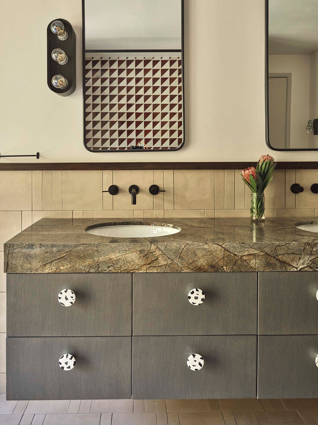 red and green marble vanity
