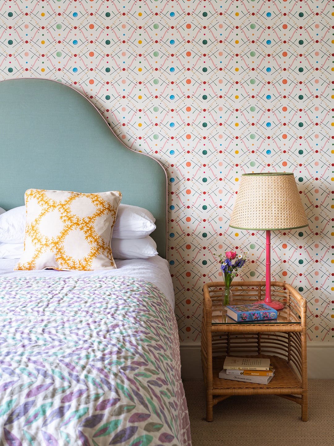 Curvy, Cushion Headboard and Rattan Side Table in Teen Bedroom