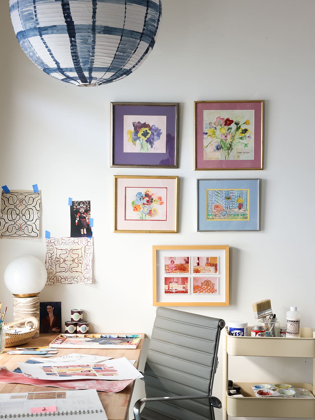 desk with gallery wall