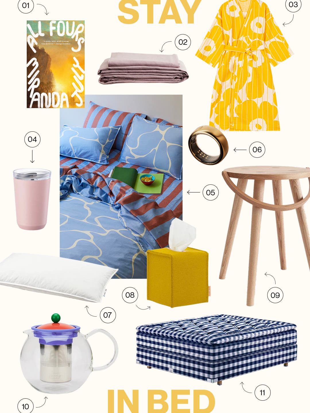 moodboard of essentials for staying in bed