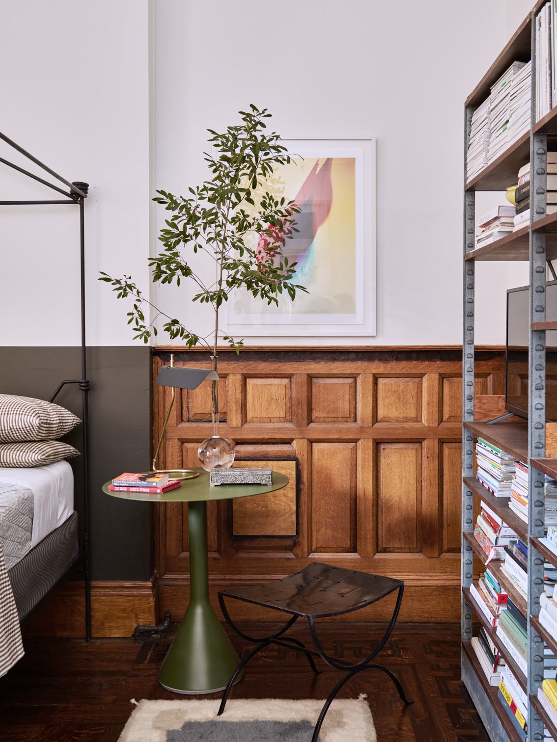 bedroom with wood paneling