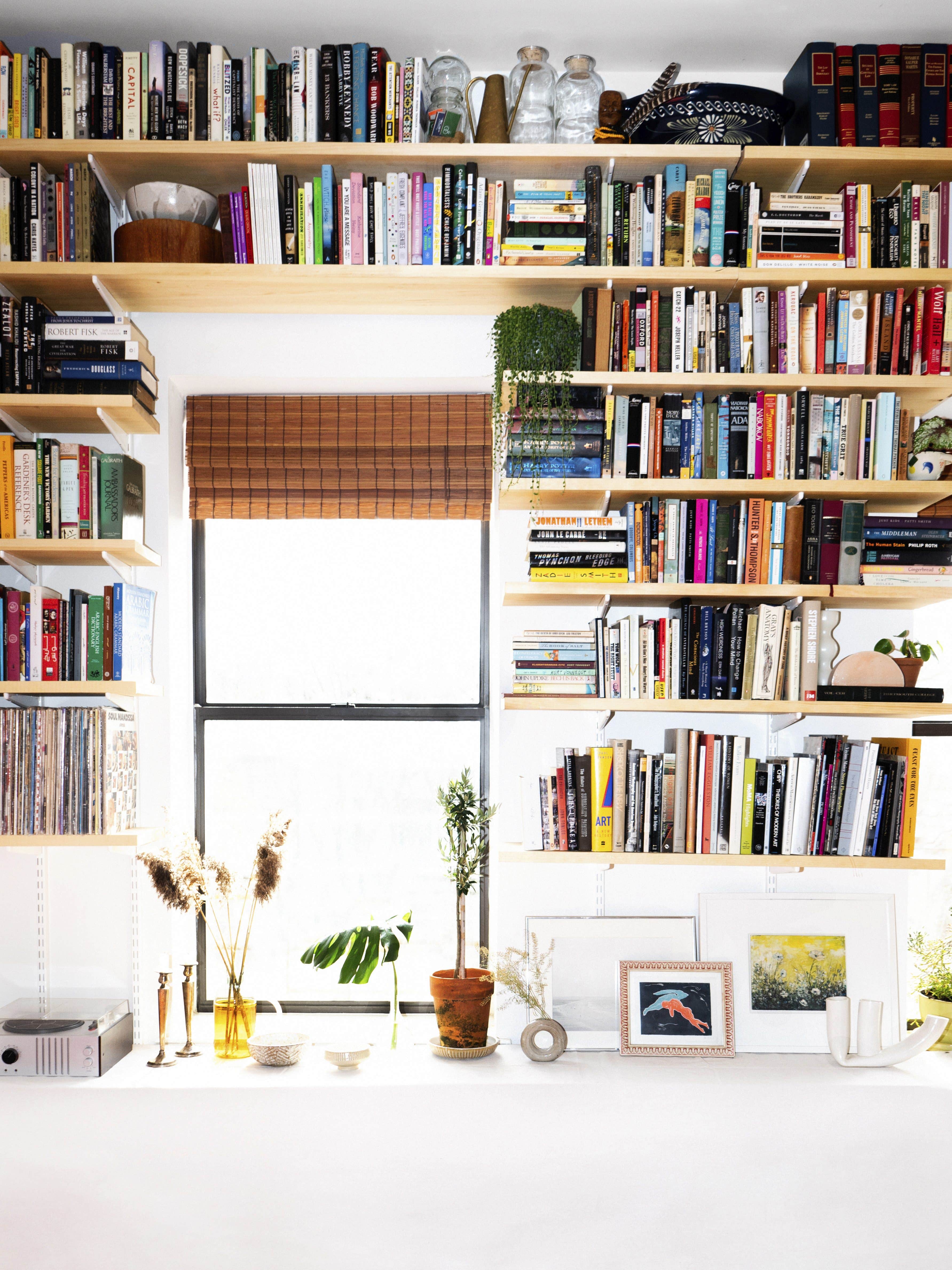 bookshelves with two windows in between
