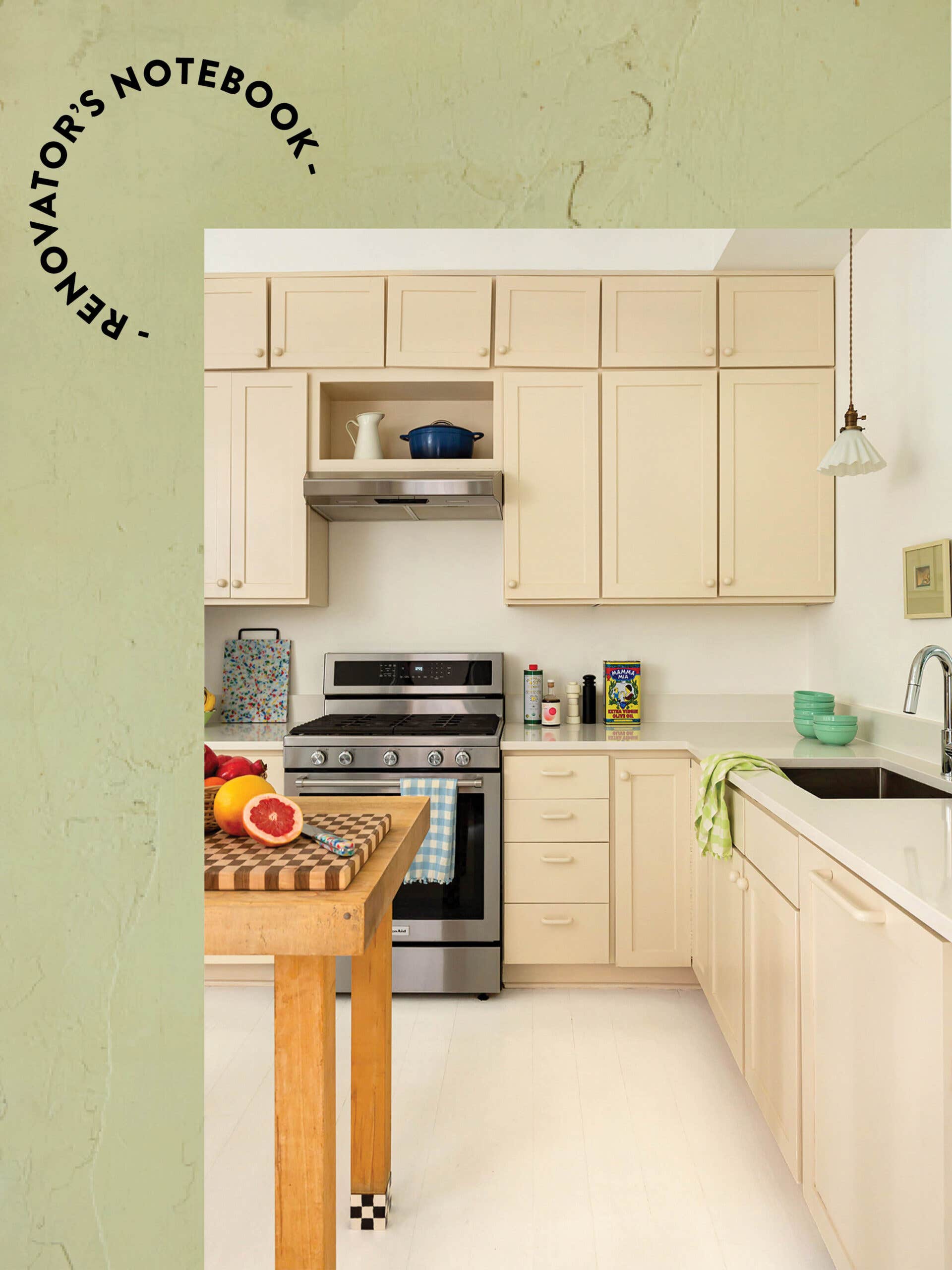 warm white kitchen on green background